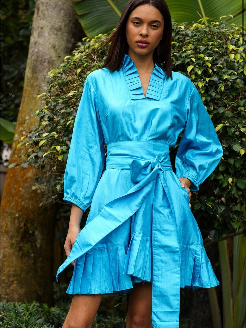 Sue sartor Mrs peacock flounce Women’s Aqua Blue Pleated Tie-Waist Dress small